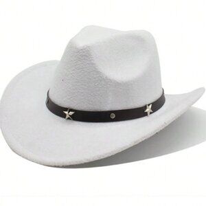 White Western‎ Cowboy Cowgirl Hat Felt Wide Brim Star Band Unisex Rodeo